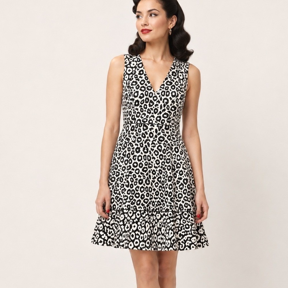 Banana Republic Womens Leopard Print Fit & Flare Dress Size 6 Black White Mini